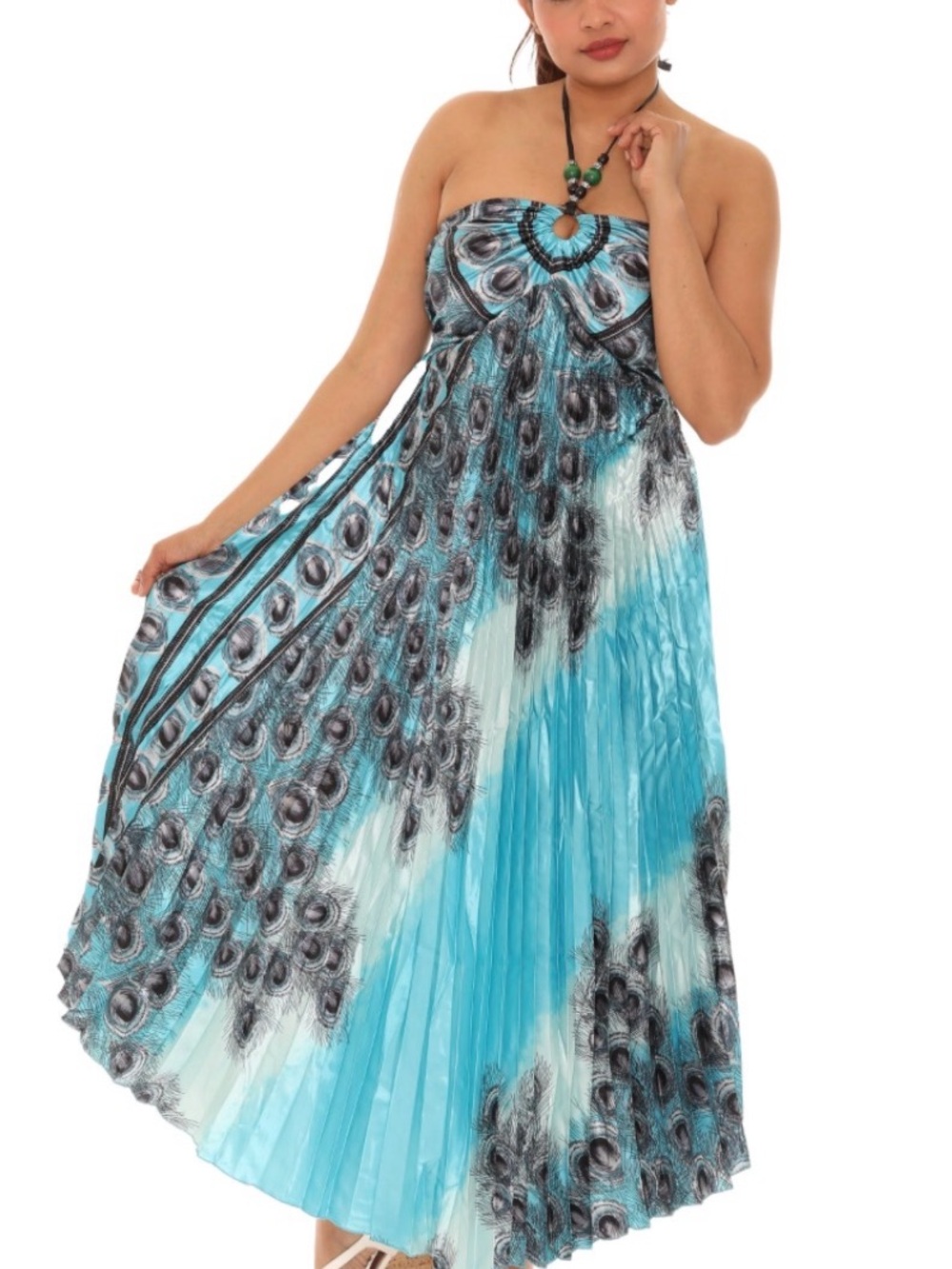 Shoreline Halter Turquoise Black Peacock-Print Maxi Dress OS Pre-Loved